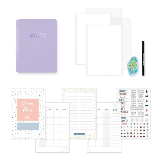 Happy Album Planner Bundle on a white background. Includes the 6.75x10 purple 2023 album cover, white refill pages and protectors, the planner kit with calendar pages and stickers, a Repositionable Tape Runner and Black Dual-Tip Pen.