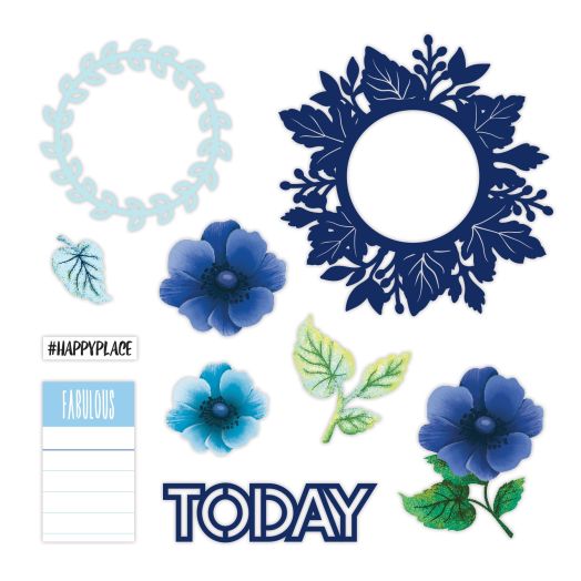 Blue die-cut and laser-cut flowers, leaves and frames, plus titles: Happy Place, Fabulous and Today.
