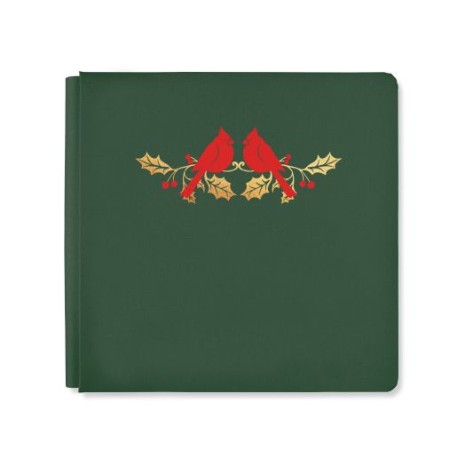 Seasonal Sightings Album Cover on a white background. Green bookcloth material with a foiled design of two red cardinals on gold holly with red berries.