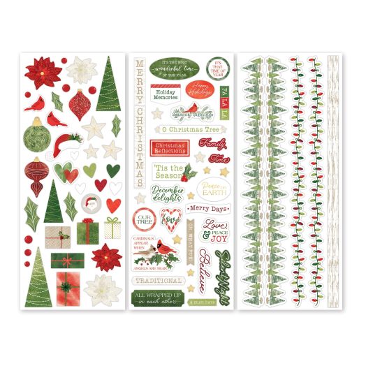 3 sheets of Seasonal Sightings Stickers on a white background. Stickers include Christmas-themed icons like poinsettias, ornaments and cardinals, as well as titles like Christmas Reflections and Holiday Memories, and complementing border stickers.