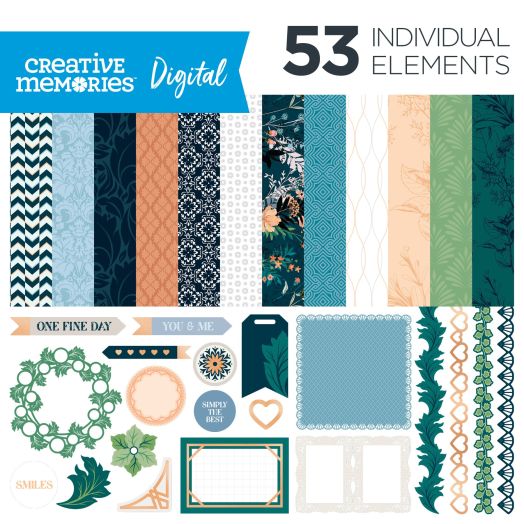 Gem Tones digital scrapbook kit with floral damask and other elegant, everyday designs. Includes 53 individual elements.