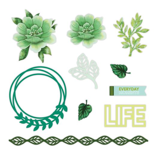 Yellow and green die-cut and laser-cut flowers and wreaths, plus titles: Everyday moments and Life.