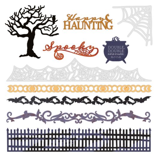 Happy Hauntings Laser Cut Embellishments on a white background. Halloween-themed borders and icons with spider webs, bats, a cauldron and titles like Happy Haunting and Spooky.