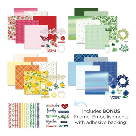 4 Vivid Melodies paper packs, embellishments packs and border stickers on a white background with text callout: Includes bonus Enamel Stickers with adhesive backing.