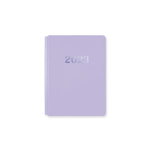 Happy Album Cover on a white background. Pale Purple bookcloth material with a foiled design of 2023.