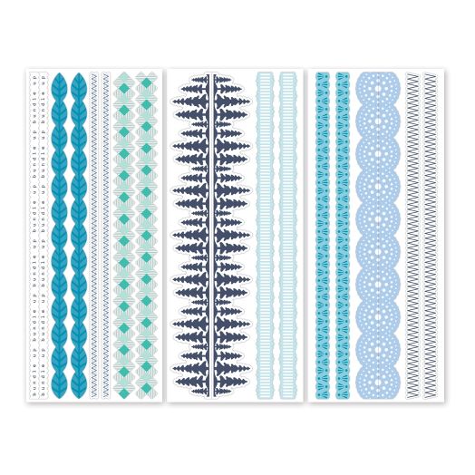 Totally Tonal Winter Border Stickers on a white background. Features three sheets of border stickers with icy blue hues.
