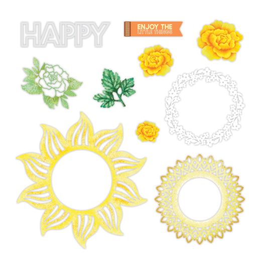 Yellow and green die-cut and laser-cut flowers, wreaths, a sun frame and titles: Happy and Enjoy the little things.